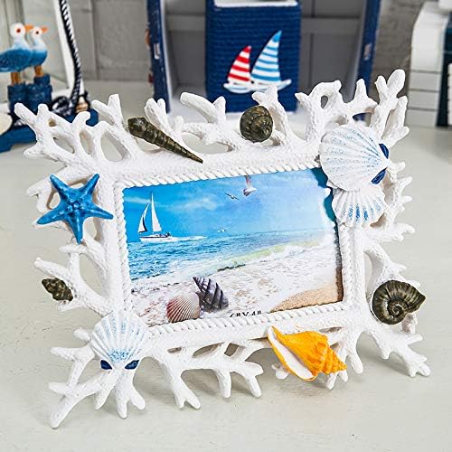 6 Inch Mediterranean Coral Shell Photo Frame Resin Frame For Desk Table Top, Home, Office and all Occasions Decoration Fit For 4x6 Inch Photo