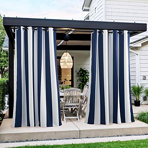 NICETOWN Patio Outdoor Curtain 95 inch Length, Fashion Light Reduce Thermal Insulated Silver Stainless Steel Grommet Room Darkening Drape for Terrace, Navy & White Stripe, 1 Panel, W52 x L95