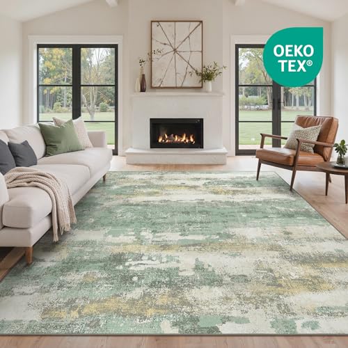 Image of GENIMO 8x10 Washable Area Rugs for Living Room, Non Slip, Sage Green Ivory | Large Vintage Floral Rug, Stain Resistant, Low Pile and Lightweight for Bedroom, Dining Room and Home Office