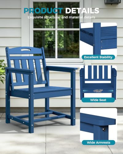 Image of Ciokea HDPE Outdoor Patio Dining Chairs Set of 2, All-Weather Porch Chair with Wide Seat, Durable Outdoor Furniture for Backyard, Garden, Lawn & Poolside, Navy Blue