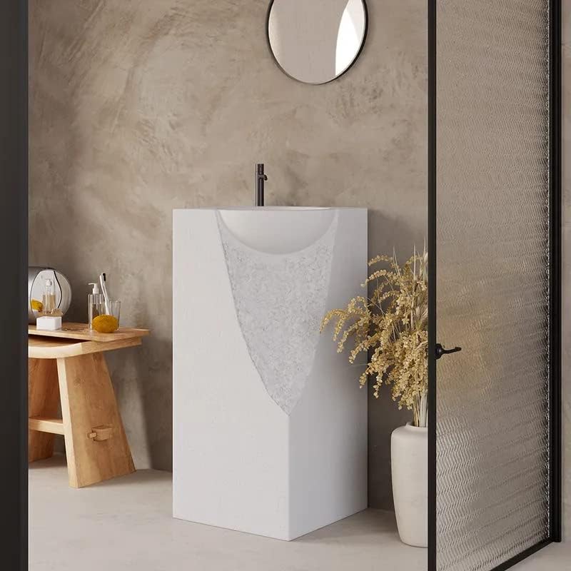 34" Pedestal Sink Japandi Tall Stone Resin Freestanding Sink with Rounded Basin in White (White)