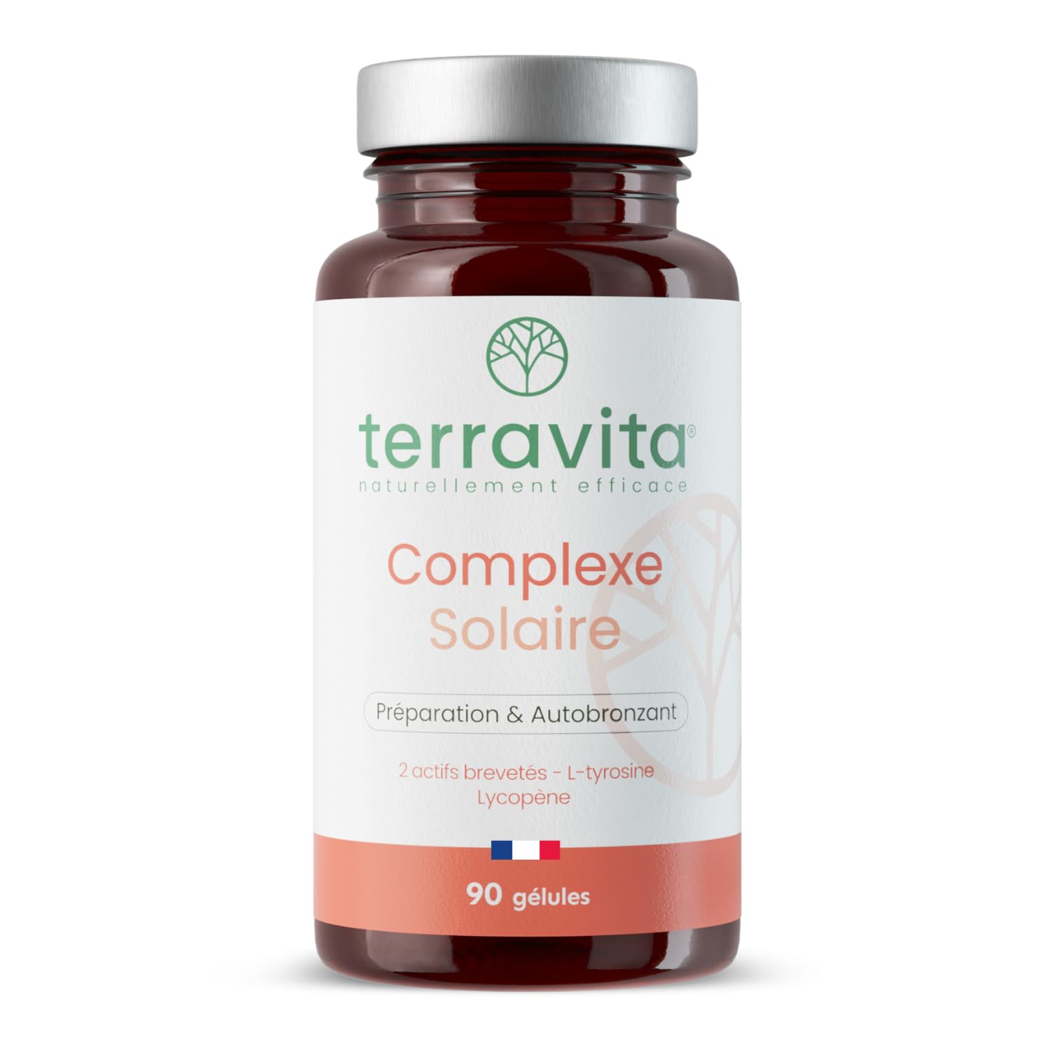 COMPLEXE SOLAIRE 4 en 1 | Nutroxun® + Céramosides® + Lycopène + Zinc Bisglycinate | Teint Hâlé et Naturel | Formule Autobronzante sans Bêta-carotène | 90 Gélules Vegan | Fabriqué en France | Terravita