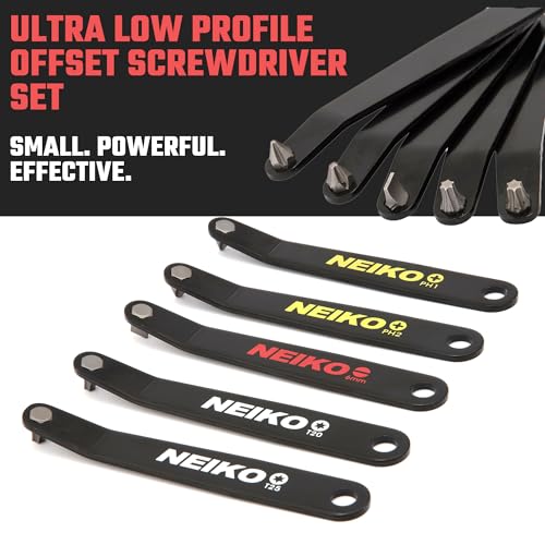 NEIKO 01322A Ultra Low Profile Offset Screwdriver & Torx Set, 5 Pc, Heavy Duty S2 Steel Construction, SAE, 10mm Bit Depth, Angled Hex Bit, Bent Screwdriver for Tight Spaces, Allen Wrench Keychain by NEIKO - Image 2