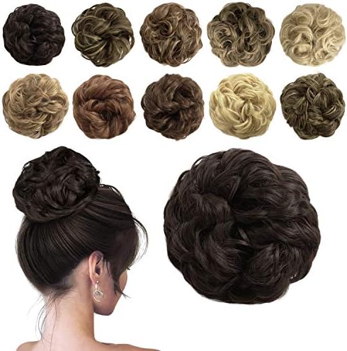 Sofeiyan Messy Bun Hair Piece Synthetic Curly Updo Hair Scrunchies Chignon Hairpiece Extensions for Women Girls, Medium Brown Mix Light Auburn
