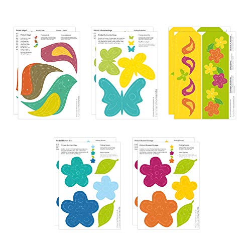 Familienmomente 10 cartes à poinçonner/piquer sur le thème de printemps (2x oiseaux, 2x fleurs oranges, 2x fleurs bleues, 2x papillons turquoise, 2x photophores de printemps) DIN A5