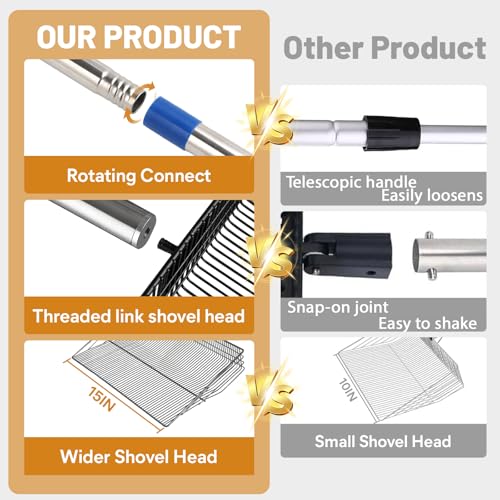 Image of 15 Inch Large Chicken Poop Scooper,4 in 1 Adjustable Chicken Coop Scoop, (25 to 71 inch) Adjustable Stainless Steel Handle Chicken coop Rake and Pair of Non-Slip Gloves, Chicken Coop Accessories
