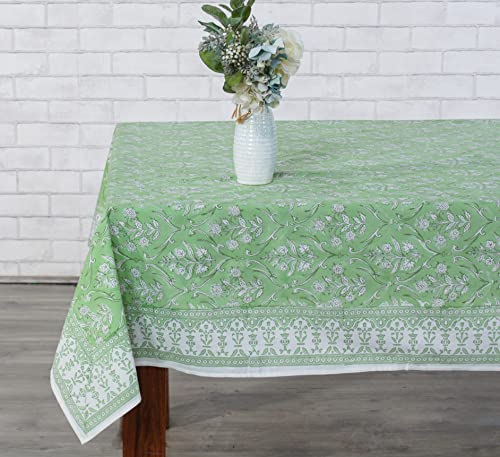 Ridhi Tablecloth 100% Cotton With Indian Hand Block Print, Washable 80"X120" Rectangle Table Cloths For Kitchen Dining Tabletop Decoration, Picnic, Events, Parties, Weddings, Pear Green #TOP1