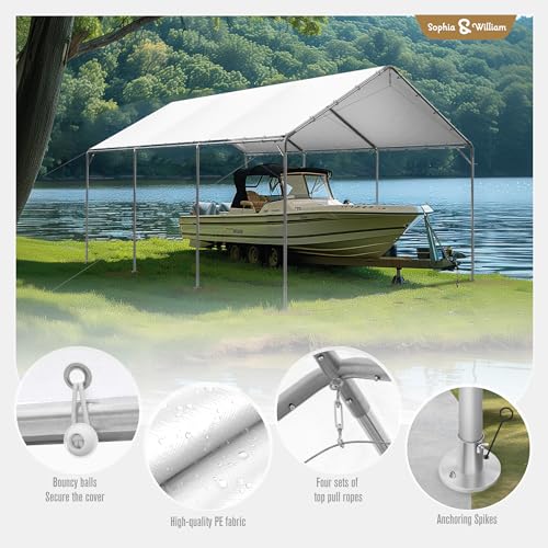 Carport Car Port Canopy 12x20 ft Heavy Duty, Portable Garage Shelter Logic Car Tents Carpas para Carros All Weather for Truck Boat, Galvanized Steel Frame Carports Height Adjustable White