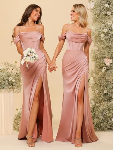 Clothfun Elegant Off The Shoulder Satin Bridesmaid Dress Long Mermaid Corset Prom Dress for Women Formal Gown CY0892