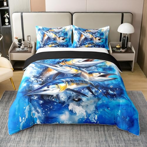 Feelyou Marlin Swordfish Duvet Cover 100% Cotton Set Queen Size Nautical Animal Bedding Set for Kids Boys Girls Fishing Theme Comforter Cover Coastal Marine Life Quilt Cover,No Comforter