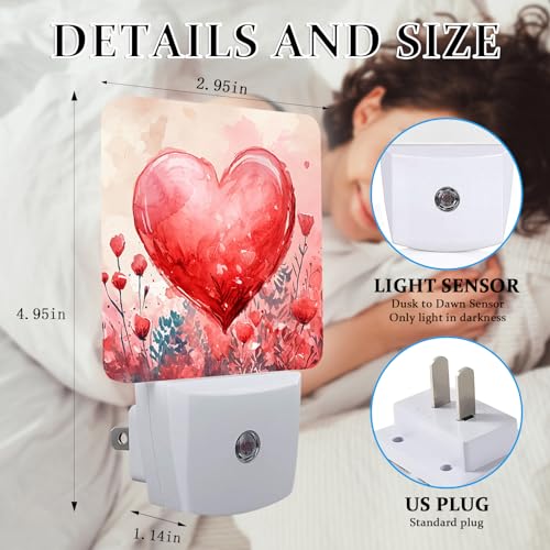 Image of Red Sweet Hearts Night Light, Plug-into Wall Valentine's Flower Love Heart Nightlight Lamp with Dusk to Dawn Sensor, Led Lamp 0.5W Energy Efficient for Boys Girls Adults Home Decor