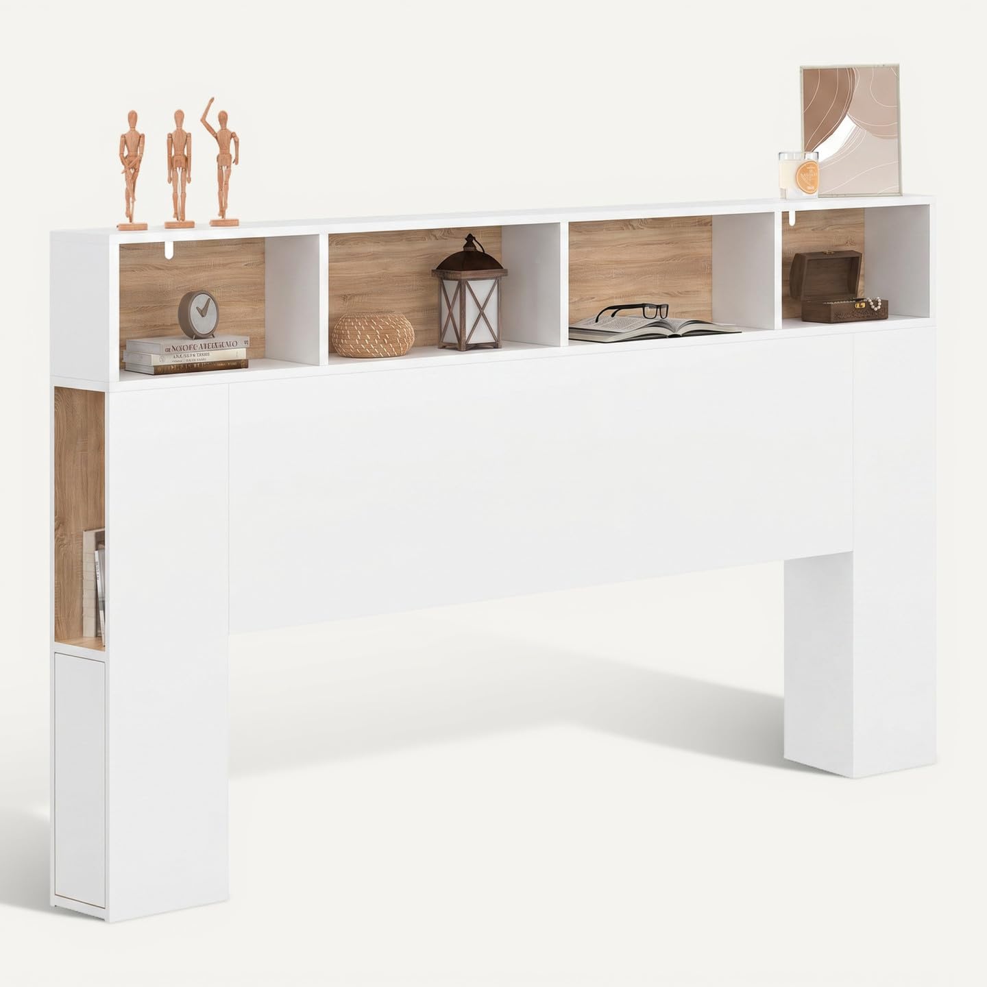 IDMarket - Tête de lit sur Pied Cleo 165 cm avec rangements fermés et niches Blanc et façon hêtre