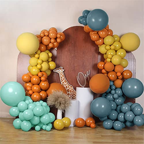 Partycus Teal Orange Yellow Balloon Garland Double Stuffed Dusty Blue Slate Mustard Green Burnt Orange Balloon Arch Kit For Baby Sshower Birthday Jungle Safari Party Decoration #TOP3