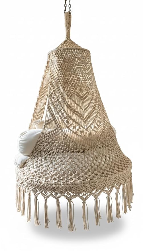 Image of Handcrafted Macrame Hanging Swing Chair with Canopy & Cushions - Premium Cotton Rope Hammock for Balcony, Patio, Living Room & Indoor /Outdoor Decor (Beige)
