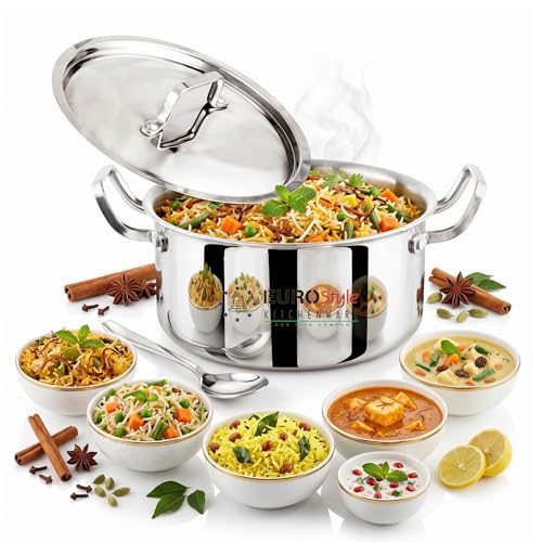 Image of EUROStyle 30CM Professional Stainless Steel Triply Biryani Pot with Lid, Heavy Duty, Deep Cooking Vessel, ISI Mark Certified, Ideal for Biryani, Curries & Dum Cooking - 8L (Ideal for 8-9 People)