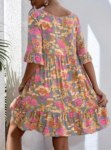 Floral Print Summer Dress, V-Neck, Empire Waist, 3/4 Bell Sleeves, Pink and Blue Floral Pattern, Loose Fit4