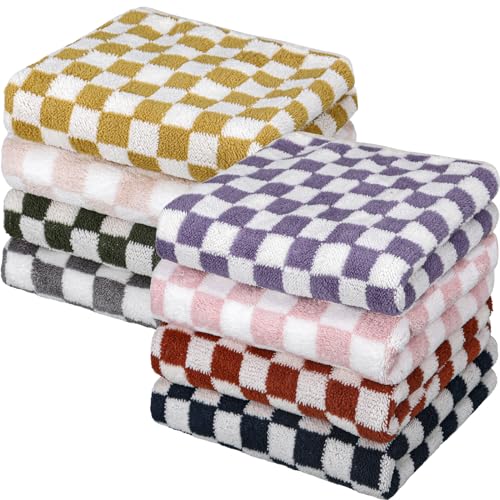 Windkream 8 Pcs Checkered Coral Velvet Hand Towels 14 x 30 Inch Soft Absorbent Bath Towels Decorative Checkered Design Towels for Bathroom Kitchen Beach Spa Gym, 8 Colors