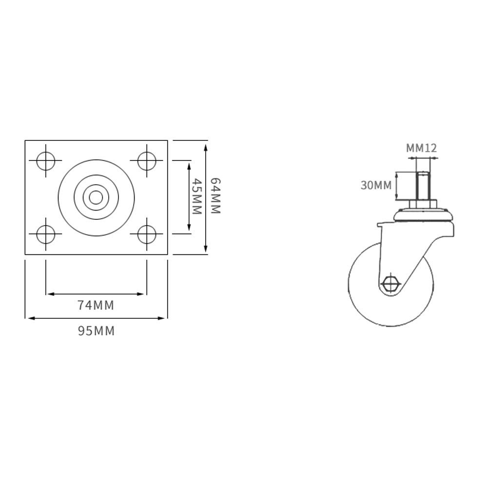4 Heavy Duty Casters M12 × 30mm Thread Industrial Transport Rubber