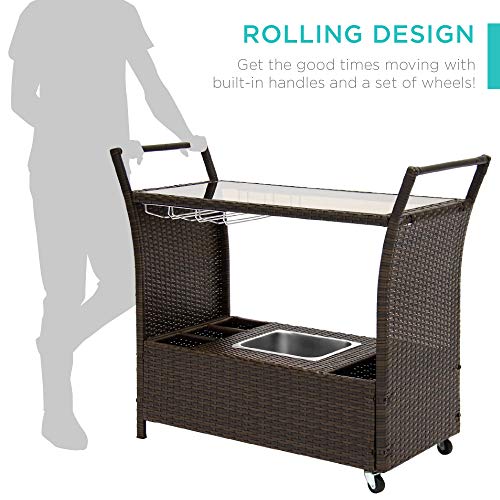 Best Choice Products Outdoor Rolling Wicker Bar Cart W/Removable Ice Bucket, Glass Countertop, Wine Glass Holders, Storage Compartments - Brown #TOP2