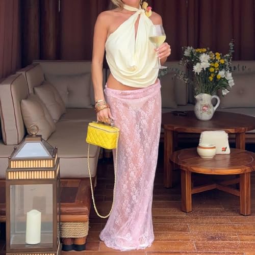 Y2K Lace Long Skirt Sheer See Through Beach Maxi Skirt Low Rise Satin Side Slit Skirt for Women Summer Streetwear2
