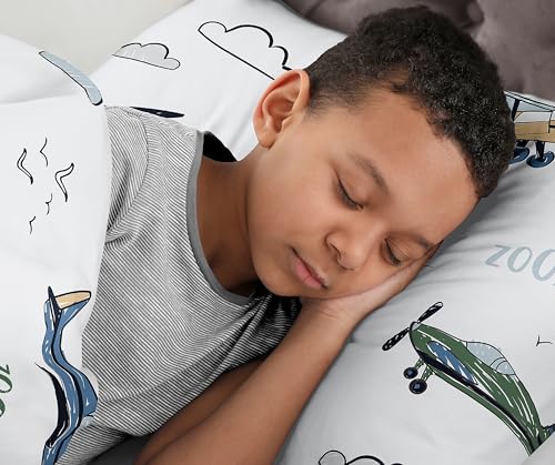 Image of Sweet Jojo Designs 2-Piece Twin Comforter Set (Green Vintage Airplane) for Boys, Children, Kids Bedding, Bed in a Bag incl. Blanket & Pillow Sham (Airplanes, Transportation, Clouds, Sun, Sky, Blue)