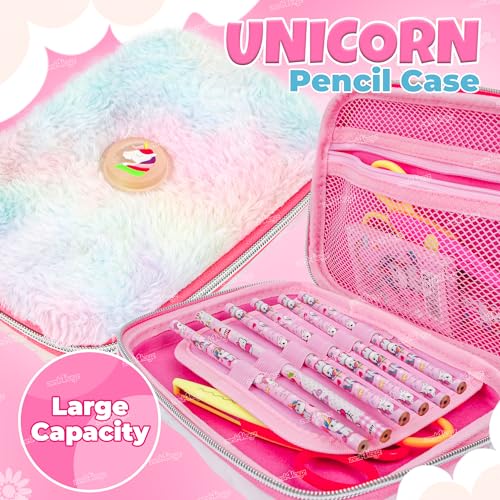 Image of Zest 4 Toyz Fluffy Unicorn Pencil Case for Kids Feathery Touch Cute Rainbow Design Large Capacity Stationery Organizer with Compartments School Zipper Pouch for Girls-Assorted Color Design