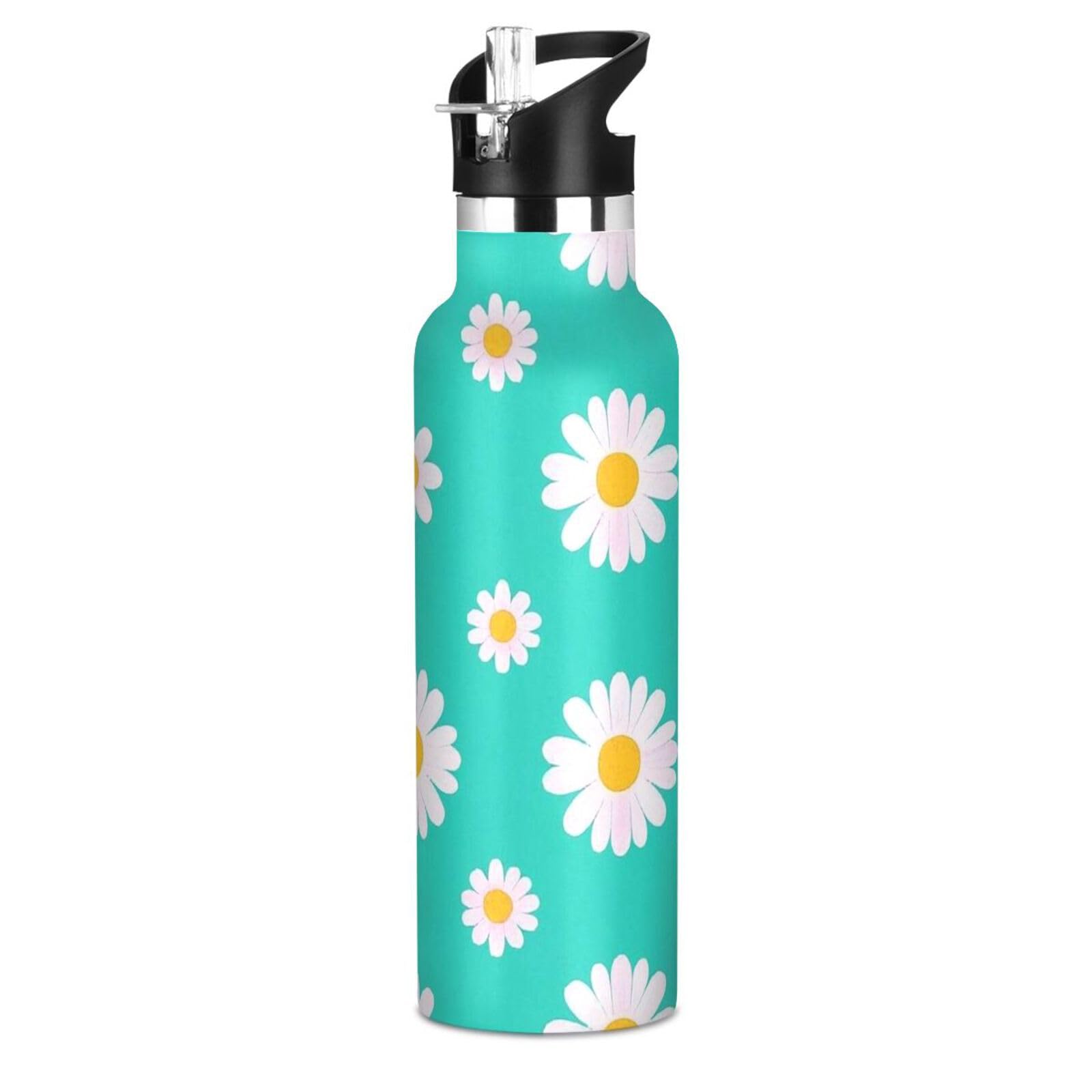 Lovely Daisy Floral Teal White BPA-Free Leak Proof Kids Water Bottle With Straws Leak-proof Vacuum Insulated for Water
