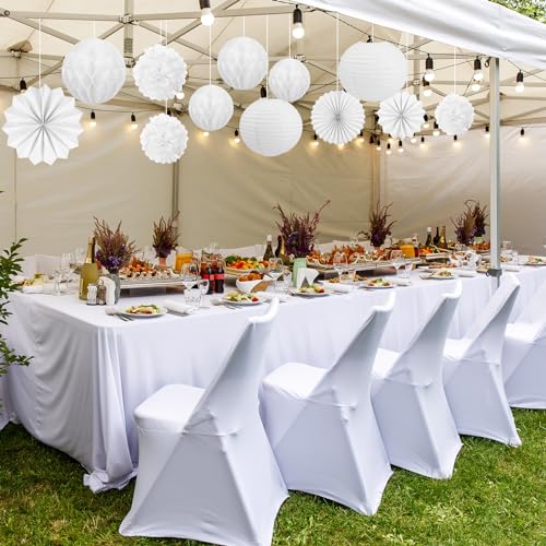 Rossesay 30 Pcs White Wedding Party Decorations Hanging White Paper Lantern Fans Honeycomb Balls Hanging Tissue Pom Poms Flowers with LED Lights for Bridal Shower Engagement Wedding by Rossesay - Image 5