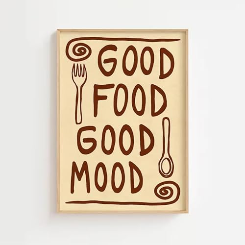 Kitchen Wall Poster, Good Food Good Mood Typography Print, Brown ...