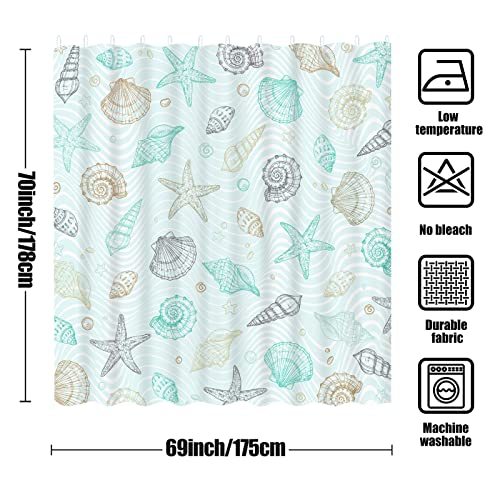 Ikfashoni Coastal Nautical Shower Curtain, Seashell Starfish Shower Curtain With 12 Hooks, Ocean Themed Marine Decor Bathroom Curtain, Beach Conch Shower Curtains For Bathroom, 69" X 70" Blue #TOP6