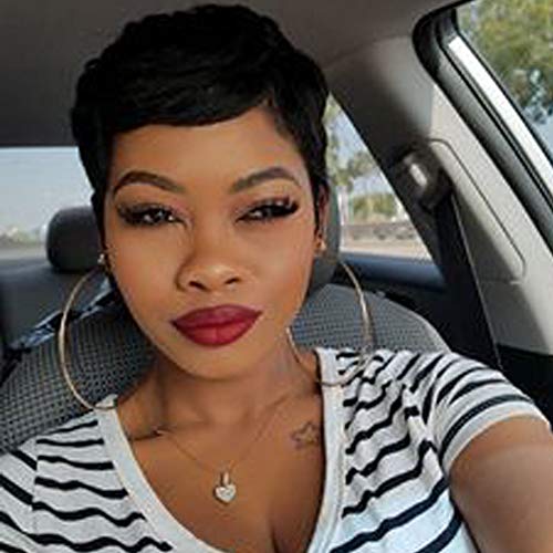 Evasens Short Human Hair Black Pixie Cut Wigs for Women Straight Boy Cut Wigs with Bangs 1B Color