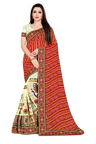 Image of SERONA FABRICS Women's Georgette Embroidered Work Bandhani Printed Saree With Blouse Piece