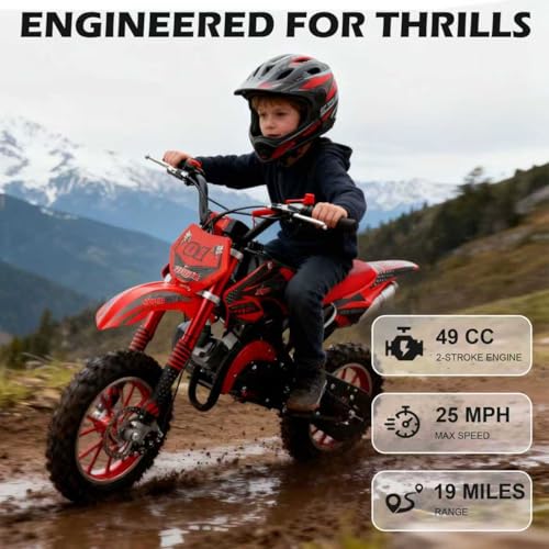 Image of 50cc Dirt Bike, 2 Stroke Gas Mini Bike for Kids 8-14 with Front Rear Disc Brakes, 10 Inch Off-Road Tires, Shock Absorption, Seat Height 23.6in, Max Speed 40mph, 2026 Upgraded (Red)