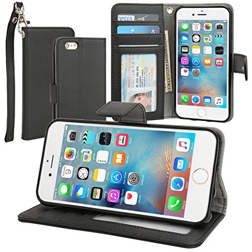 Evecase iPhone 6S Case, Leather Wallet Folio Case with Credit Card ID Slots, Currency Pocket, Hand Strap and Stand for Apple iPhone 6S / 6 4.7”- Black