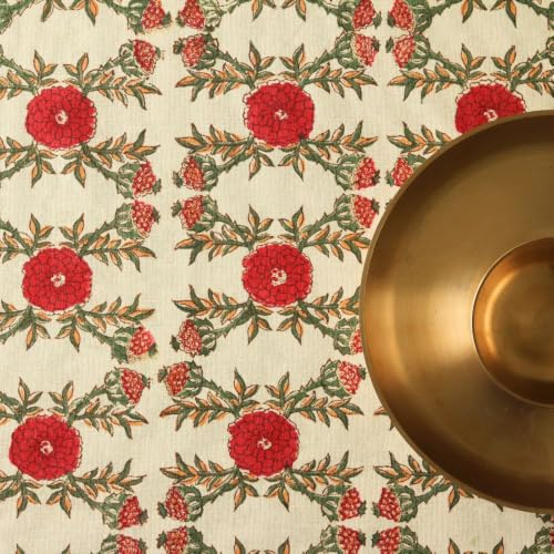 Image of THE YARD HOUSE Wipeable & Anti-Slip Hand Block Printed Cotton Table Cover - Field of Poppies, 6 Seater Rectangle (60 inch x 90 inch) Ideal for Families - Protects Against Spills, Scratches, and Damage.
