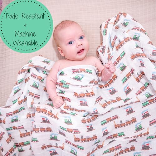 Image of LollyBanks Muslin Swaddle Blankets, 100% Cotton Baby Blanket for Boys and Girls, Soft and Lightweight 47 x 47 Inches Infant Swaddle, Gentle Newborn Blankets, Baby Essentials (Animal Train Print)