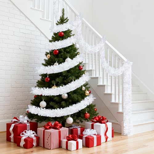 Image of 50FT White Christmas Tinsel Garland, Metallic Tinsel Glitter Twist Garlands Hanging Streamers, Xmas Tree Garland Decorations