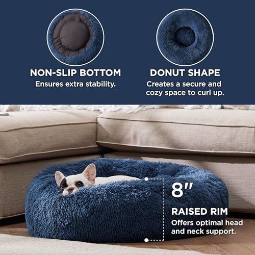 Image of Bedsure Calming Dog Bed for Small Dogs - Donut Washable Small Pet Bed, 23 inches Anti-Slip Round Fluffy Plush Faux Fur Large Cat Bed, Fits up to 25 lbs Pets, Navy