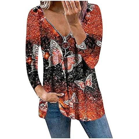 Camisetas para Mujer Holgado de Talla Grande Manga Larga con Cuello en V Sueltas de Verano Básicas de Túnica con Cremallera Cover