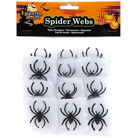 PMS International Halloween Decoration 12 x Spider Webs & 12 Plastic Spiders Cover
