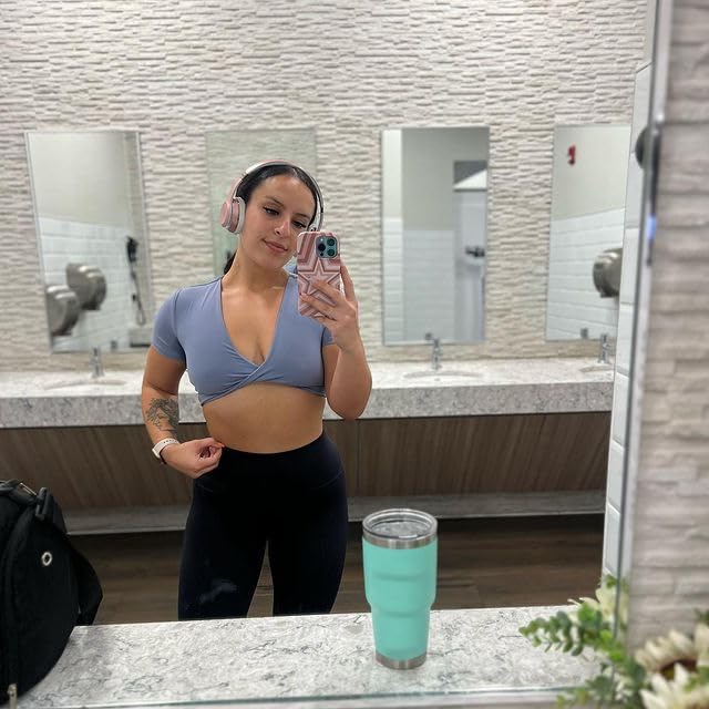 Image of Aoxjox Short Sleeve Crop Tops for Women Sienna Twist Deep V Workout Cropped T Shirt Top (Lazuli, Small)