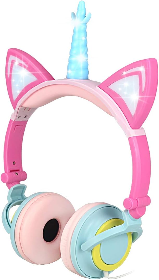 Cat Ear Kids Headphones for Boys Girls Tablet School Supplies,Foldable Over On Ear Girl Headphones, Led Glowing Headphones for Kids Toddlers Travel Birthday Gifts (Pink)