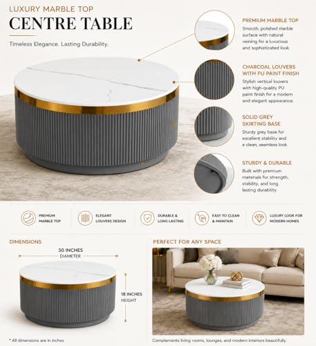 Image of Modern Round Centre Table - 76x76x46 cm | White Marble Top with Gold Accent Strip & Charcoal Louvers | Luxury Coffee & Tea Table for Living Room, Lounge & Entryway (Grey)
