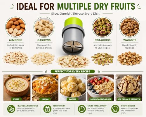 Image of Manual Nut Chopper for Dry Fruits, Almonds, Walnuts, Pistachios & Cashews, Hand Operated Plastic Dry Fruit Grinder with Stainless Steel Blades for Kitchen Use, Green & Grey | Not Electric |