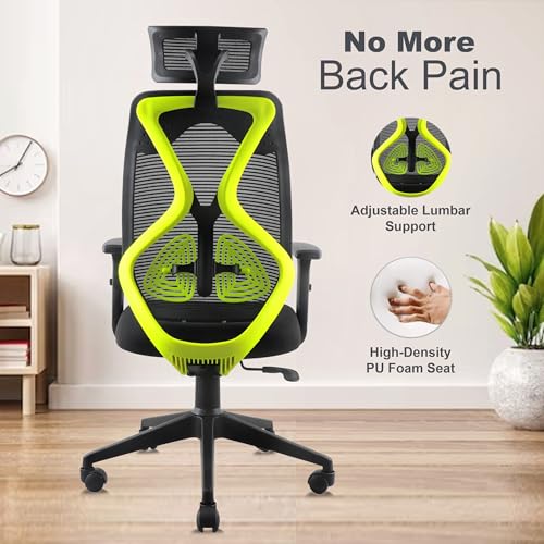 Image of ASTRIDE Ergofit Ergonomic Office Chair for Home | 3-Years Warranty | 2D Headrest, Adjustable Arms & Lumbar Support | Tilt Lock Mechanism [Heavy Duty Nylon Base, Neon Green-Black]