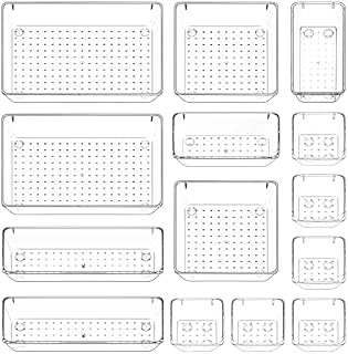 Puricon 7 Set Drawer Organiser Trays, Clear Plastic Trays Containers Drawer Organisation Storage for Dressing Table Make Up Desk Drawer Cupboards in Bedroom Bathroom Kitchen Office[Tray Depth 5.6cm]