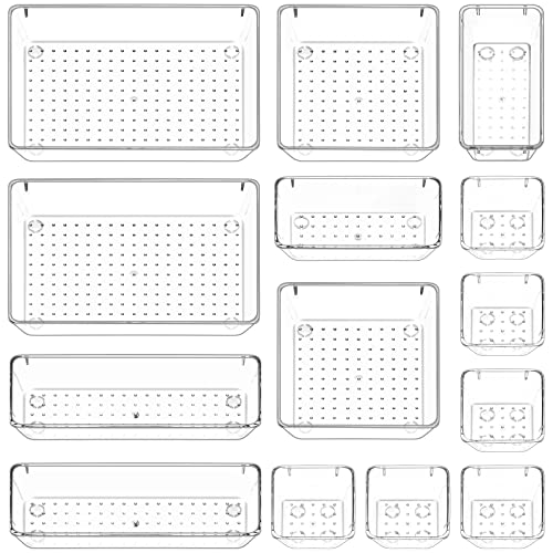 (プリコン) Puricon 机の引き出しオーガナイザートレイ 14点セット クリアプラスチックストレージビン バスルーム引き出しトレイ ディバイダー 化粧台トレイ オーガナイザー 寝室 ドレッサー メイクアップ キッチン オフィス用