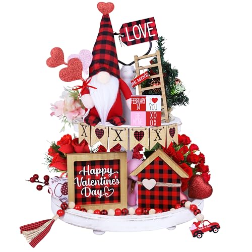 Tifeson 16PCS Valentines Day Tiered Tray Decor - Buffalo Plaid Gnomes, Wooden Signs, Bead Garland for Valentine’s Home Table Decorations (Tiered Tray Not Included)