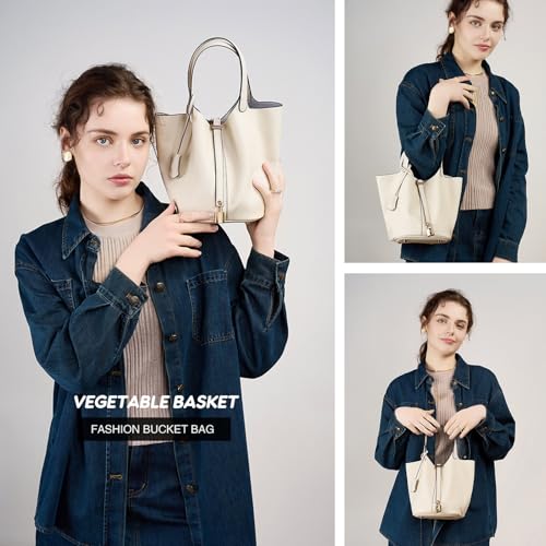 Genuine Leather Lock Design Bucket Bag Vegetable Basket Shoulder Handbag2