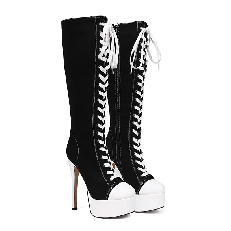 Feinlina Women's Fashion Round Toe Canvas Lace-up High Platform Stiletto Ankle Boots high heel boots4